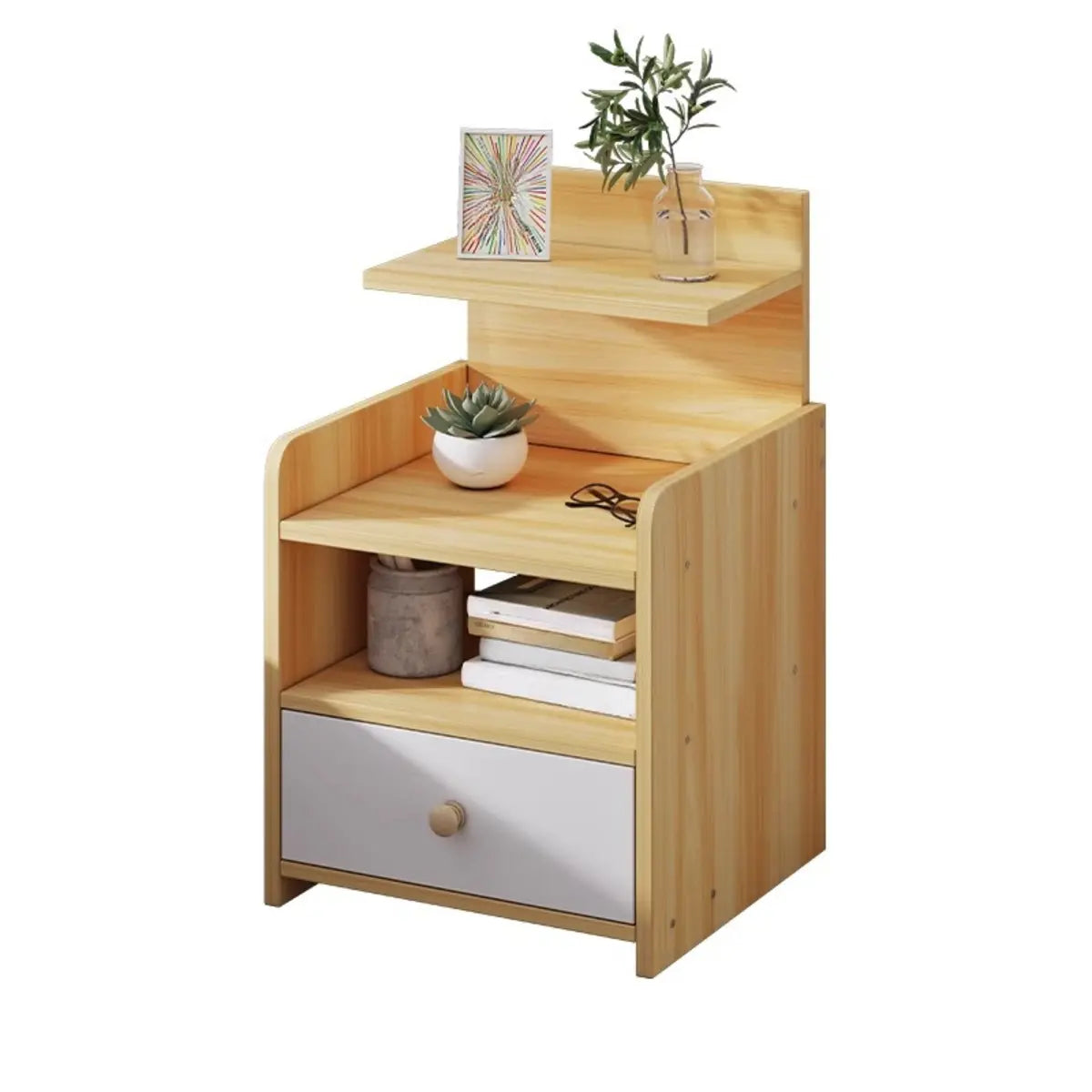Open Storage Square Wood Warm White 2 Shelves Nightstand Image - 11