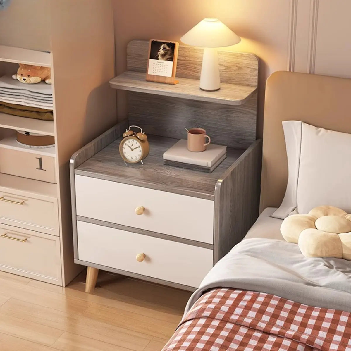 Open Storage Square Wood Warm White 2 Shelves Nightstand Image - 13