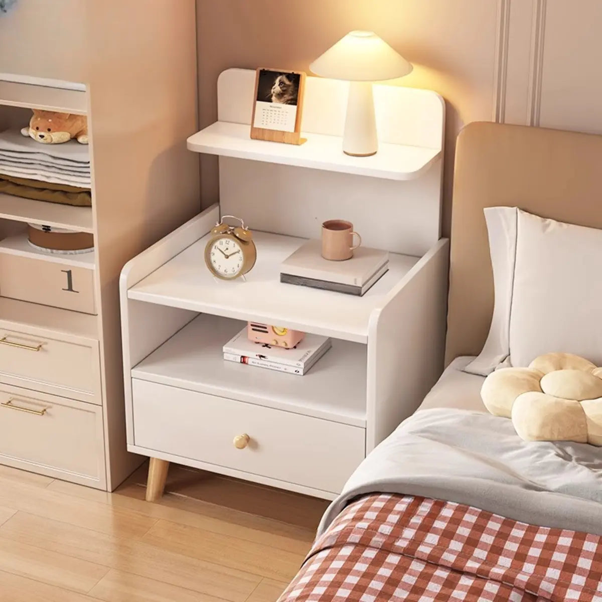 Open Storage Square Wood Warm White 2 Shelves Nightstand Image - 14