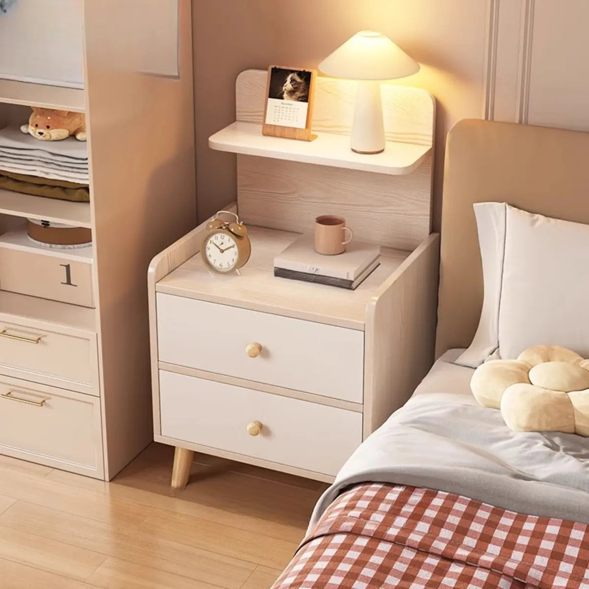 Open Storage Square Wood Warm White 2 Shelves Nightstand Image - 15