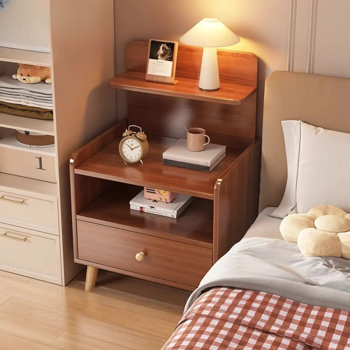 Open Storage Square Wood Warm White 2 Shelves Nightstand Image - 16