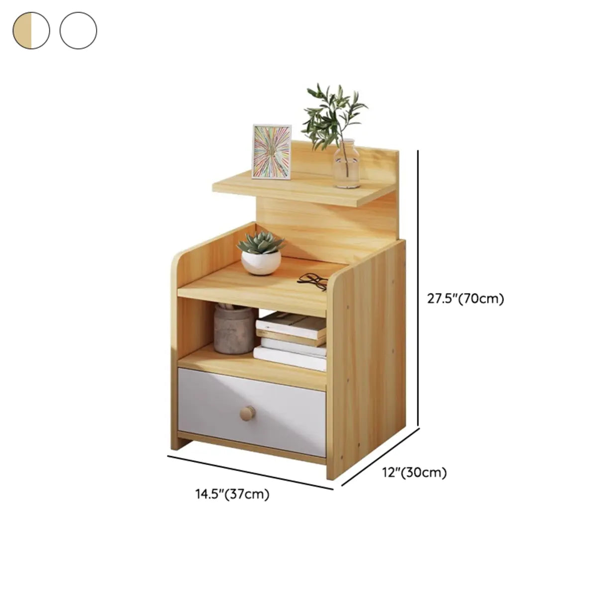 Open Storage Square Wood Warm White 2 Shelves Nightstand