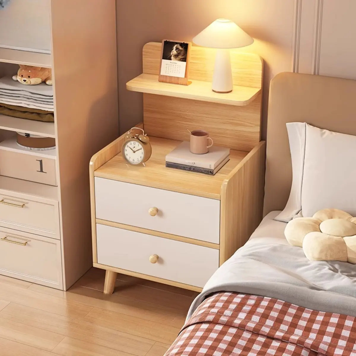 Open Storage Square Wood Warm White 2 Shelves Nightstand Image - 4