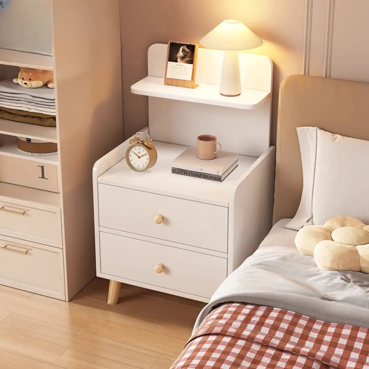 Open Storage Square Wood Warm White 2 Shelves Nightstand Image - 5
