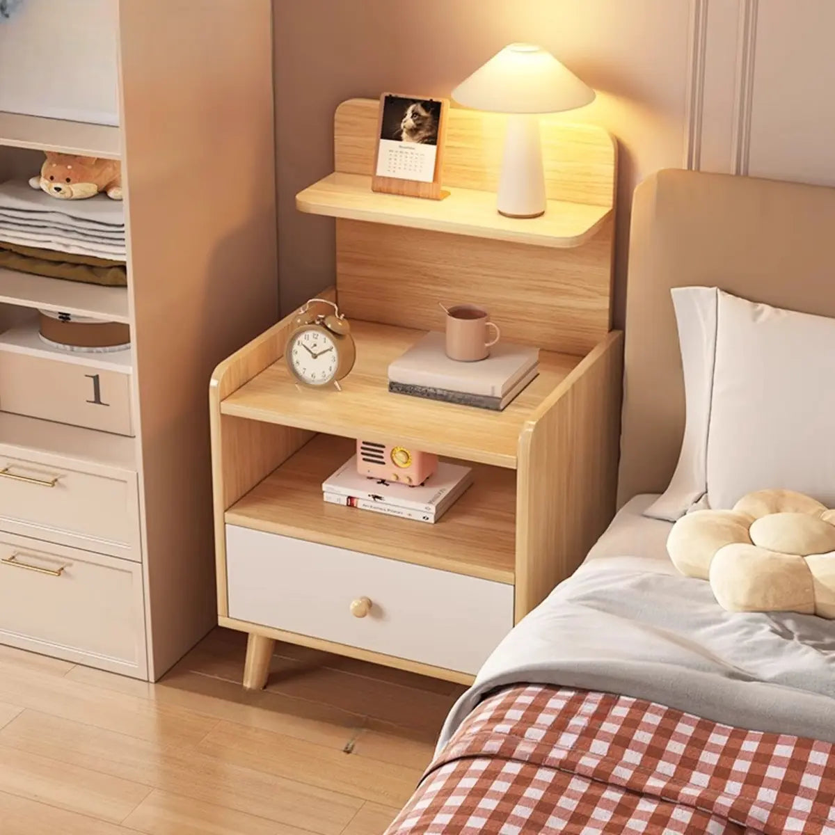 Open Storage Square Wood Warm White 2 Shelves Nightstand Image - 6