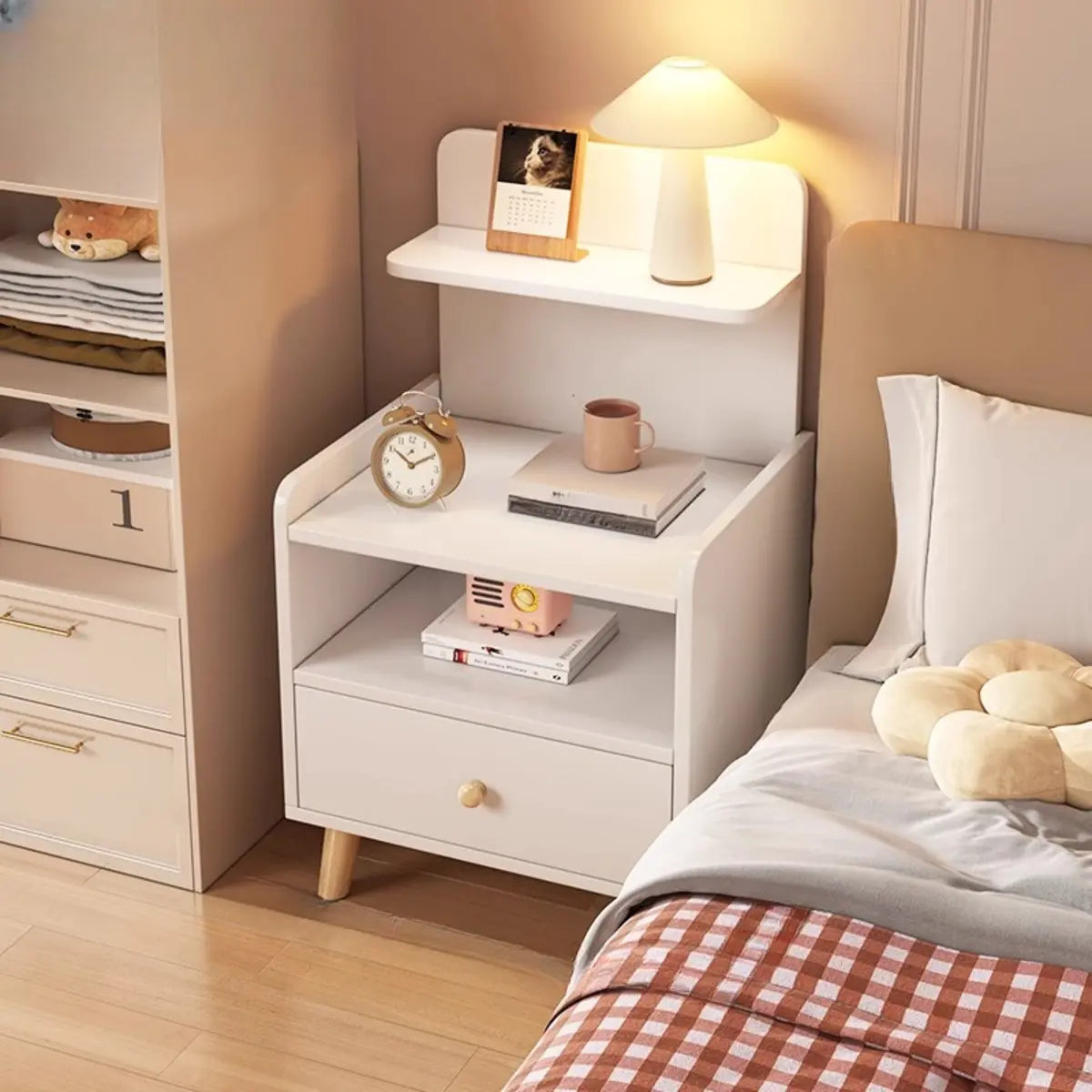 Open Storage Square Wood Warm White 2 Shelves Nightstand Image - 7
