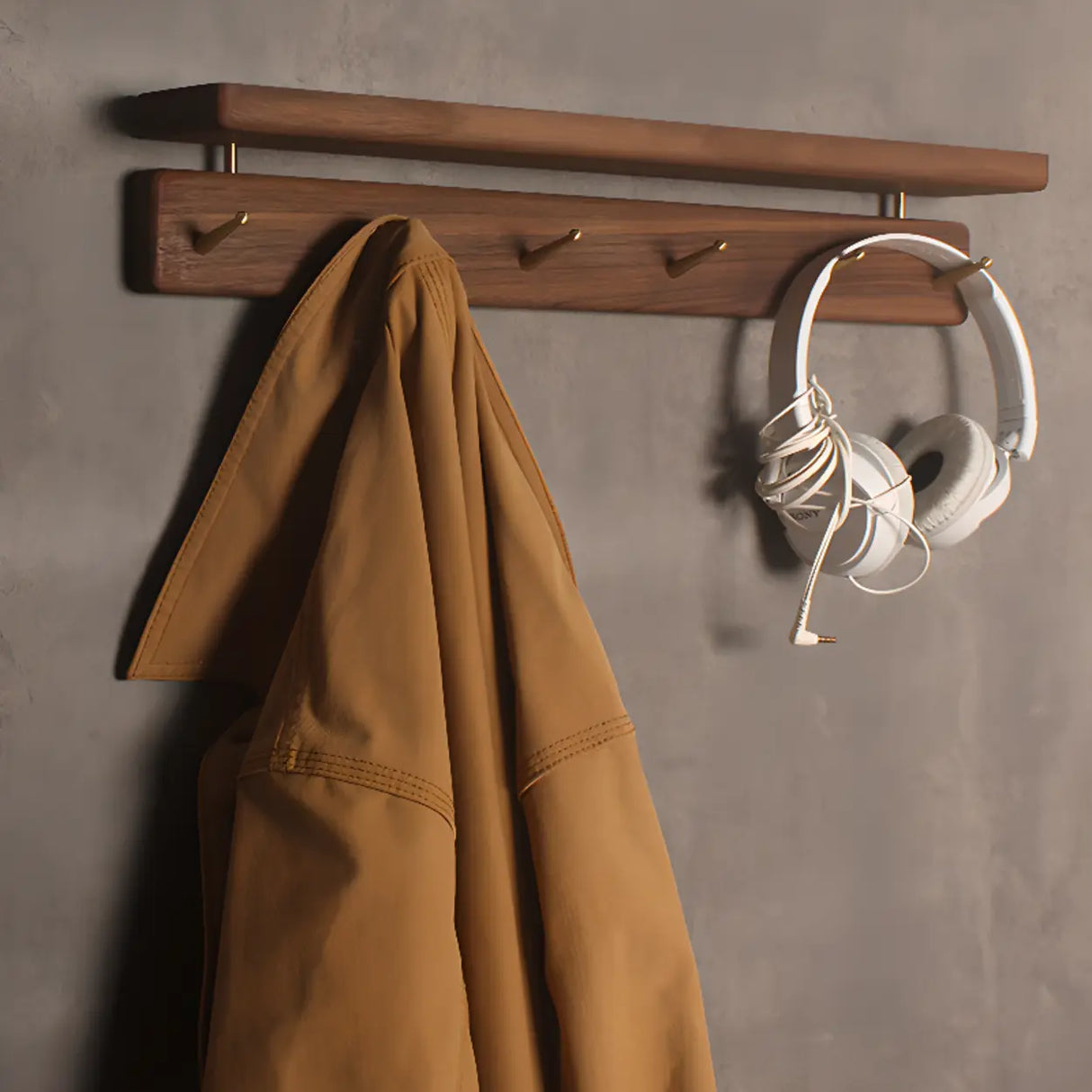 Open Storage Walnut Wall-Mounted Coat Rack with Shelf Image - 4