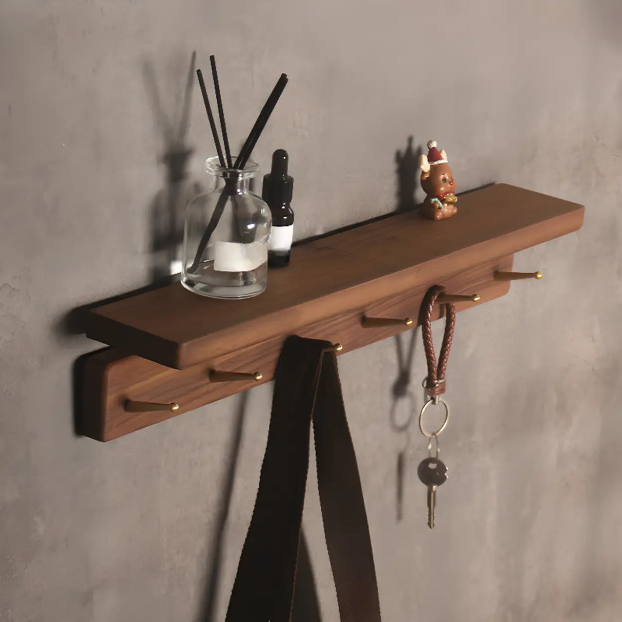 Open Storage Walnut Wall-Mounted Coat Rack with Shelf Image - 6