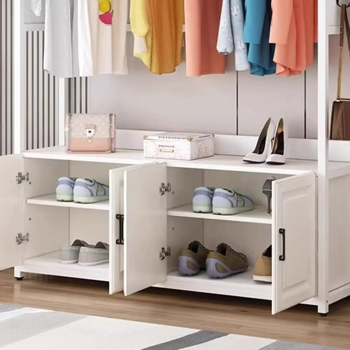 Open Storage White Steel Frame Entryway Hooks Coat Rack Image - 11