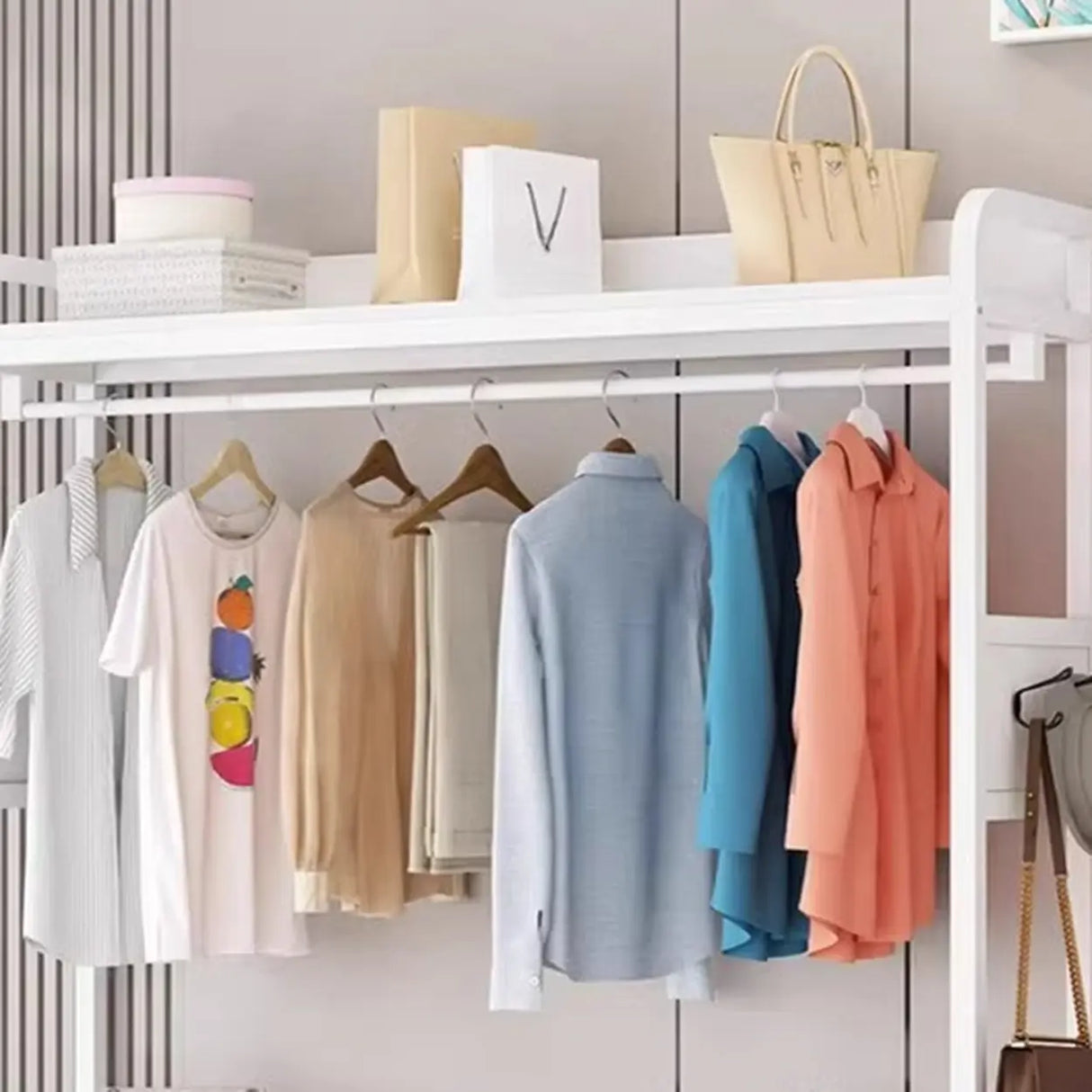 Open Storage White Steel Frame Entryway Hooks Coat Rack Image - 12