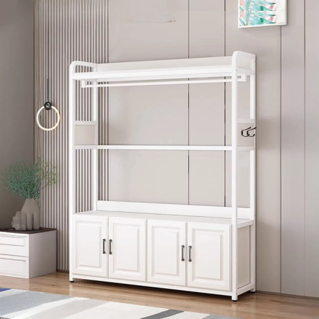 Open Storage White Steel Frame Entryway Hooks Coat Rack Image - 1