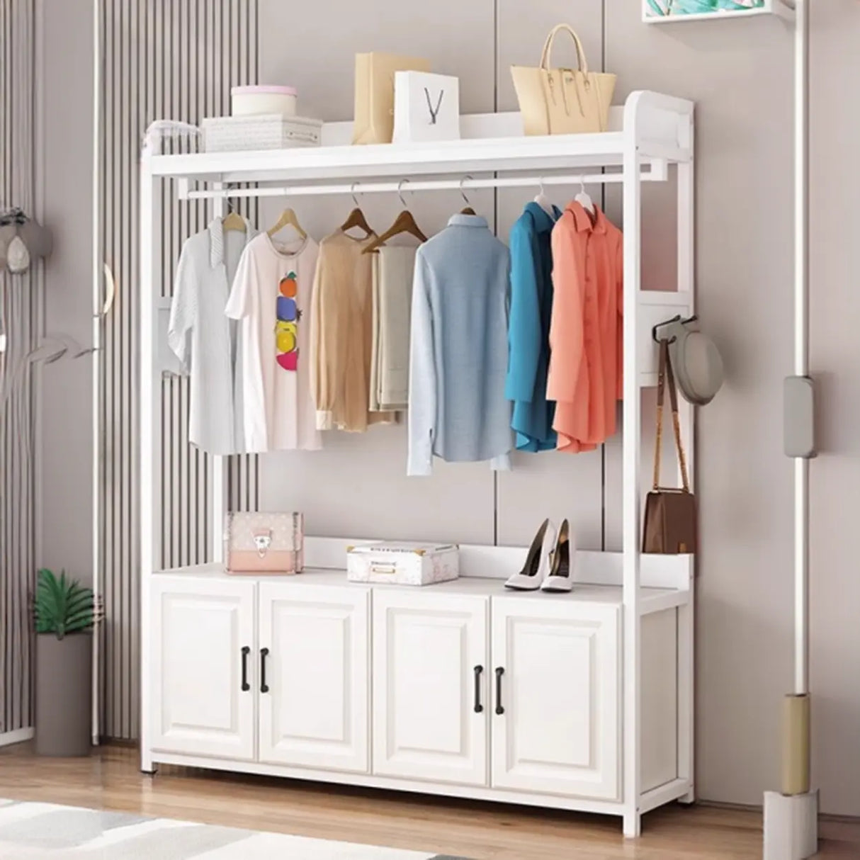 Open Storage White Steel Frame Entryway Hooks Coat Rack Image - 2