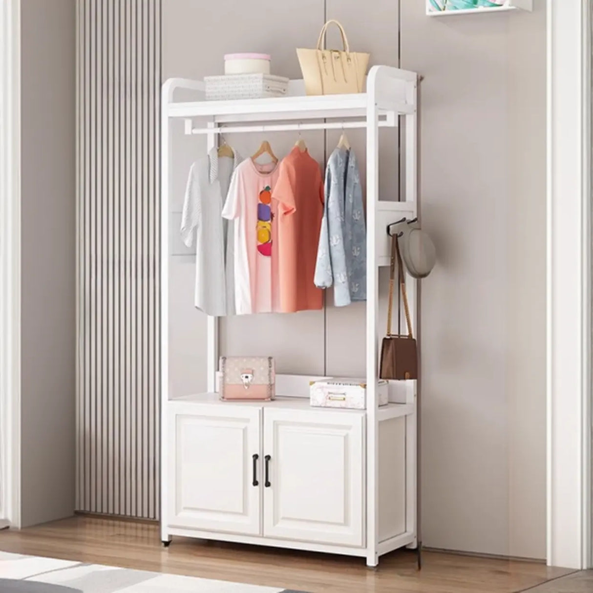 Open Storage White Steel Frame Entryway Hooks Coat Rack Image - 3