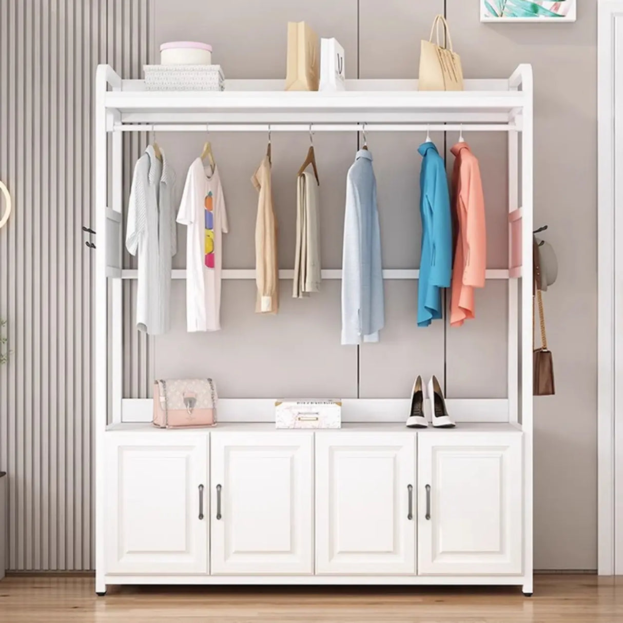 Open Storage White Steel Frame Entryway Hooks Coat Rack Image - 4