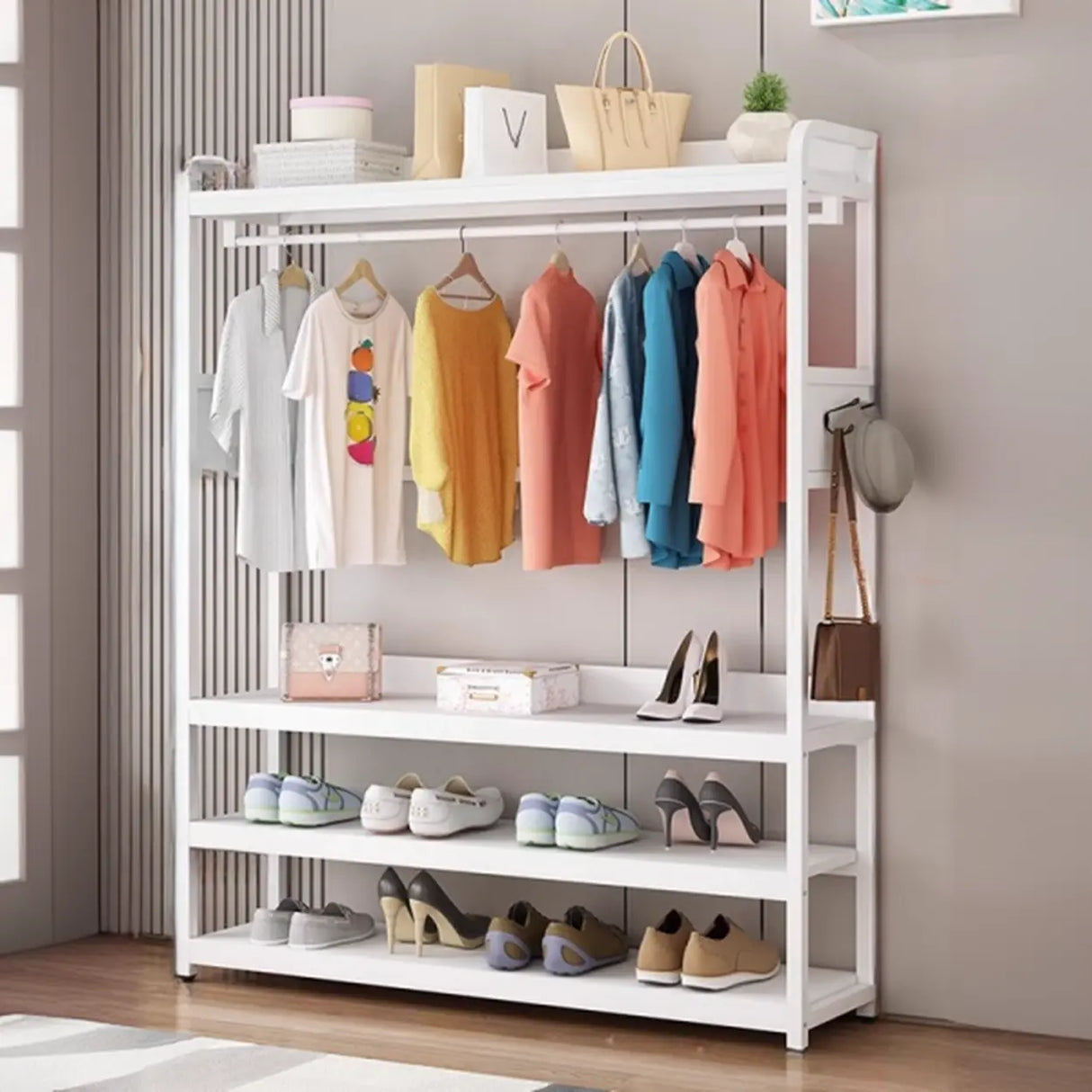 Open Storage White Steel Frame Entryway Hooks Coat Rack Image - 5