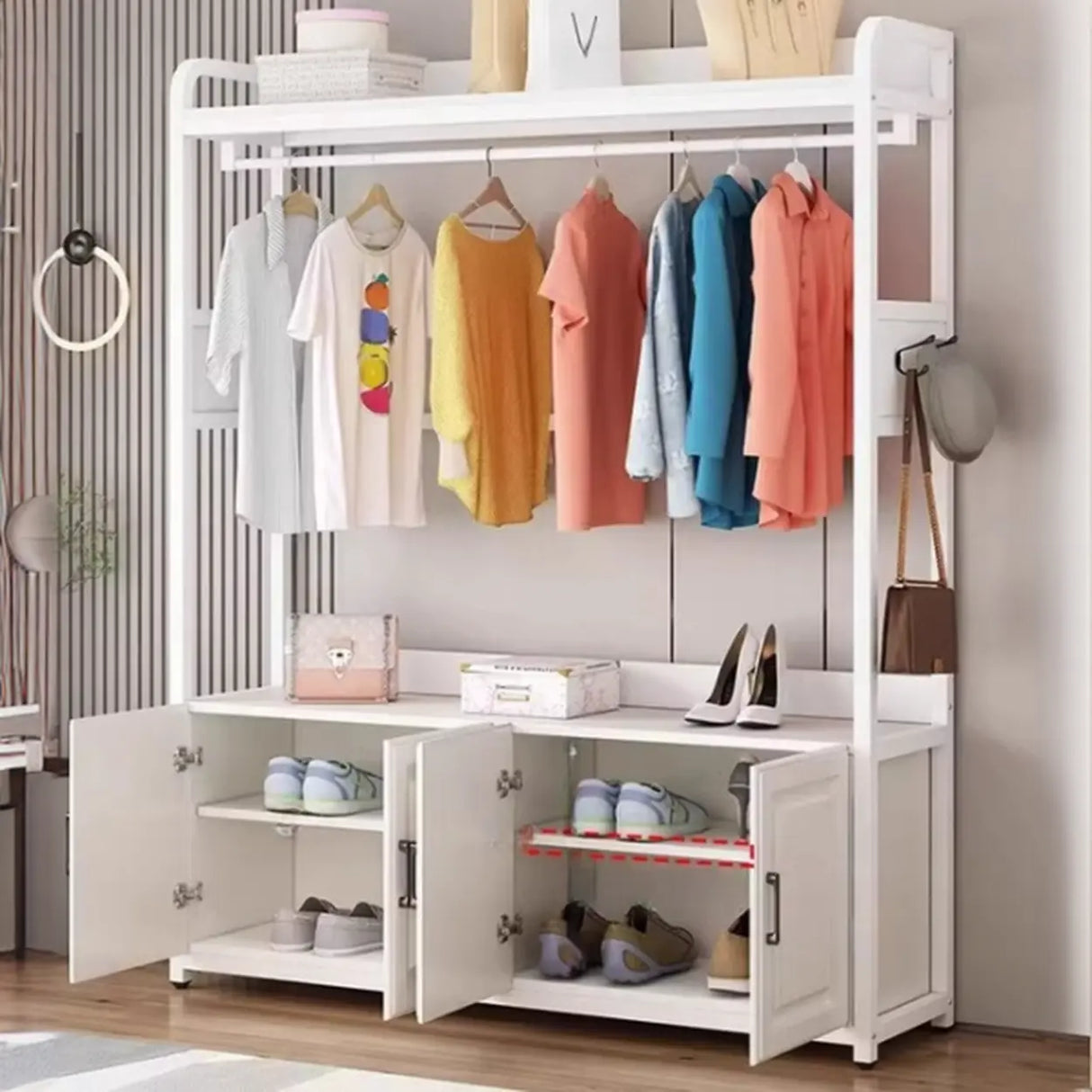 Open Storage White Steel Frame Entryway Hooks Coat Rack Image - 6