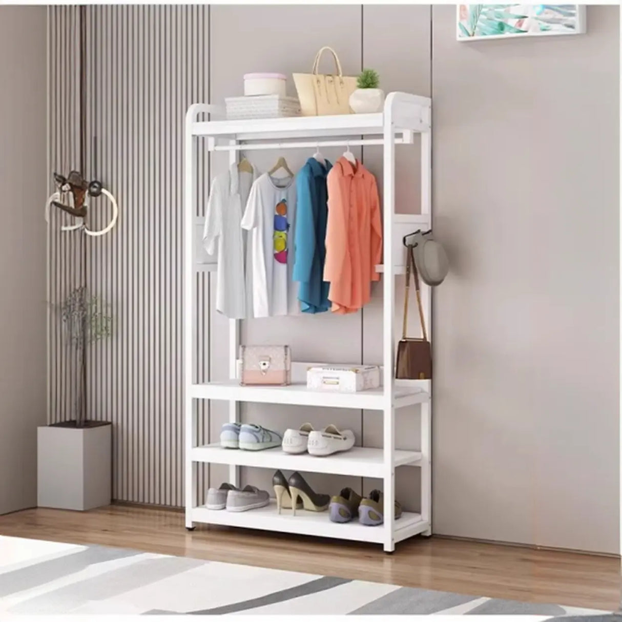 Open Storage White Steel Frame Entryway Hooks Coat Rack Image - 8