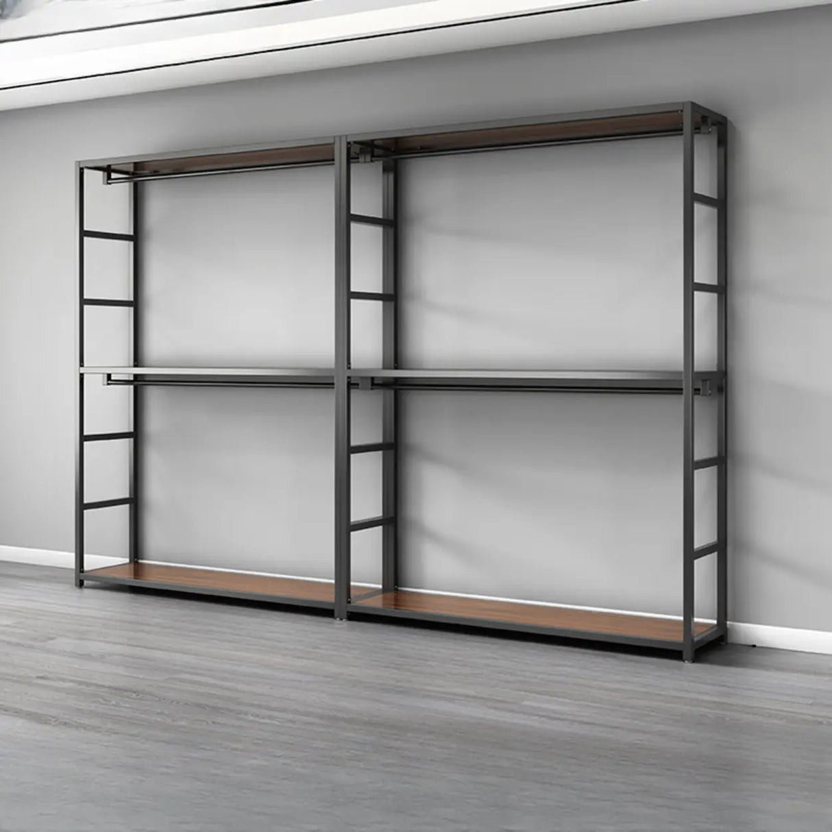 Open Wardrobe Black Metal Frame Coat Rack with Shelves Image - 1