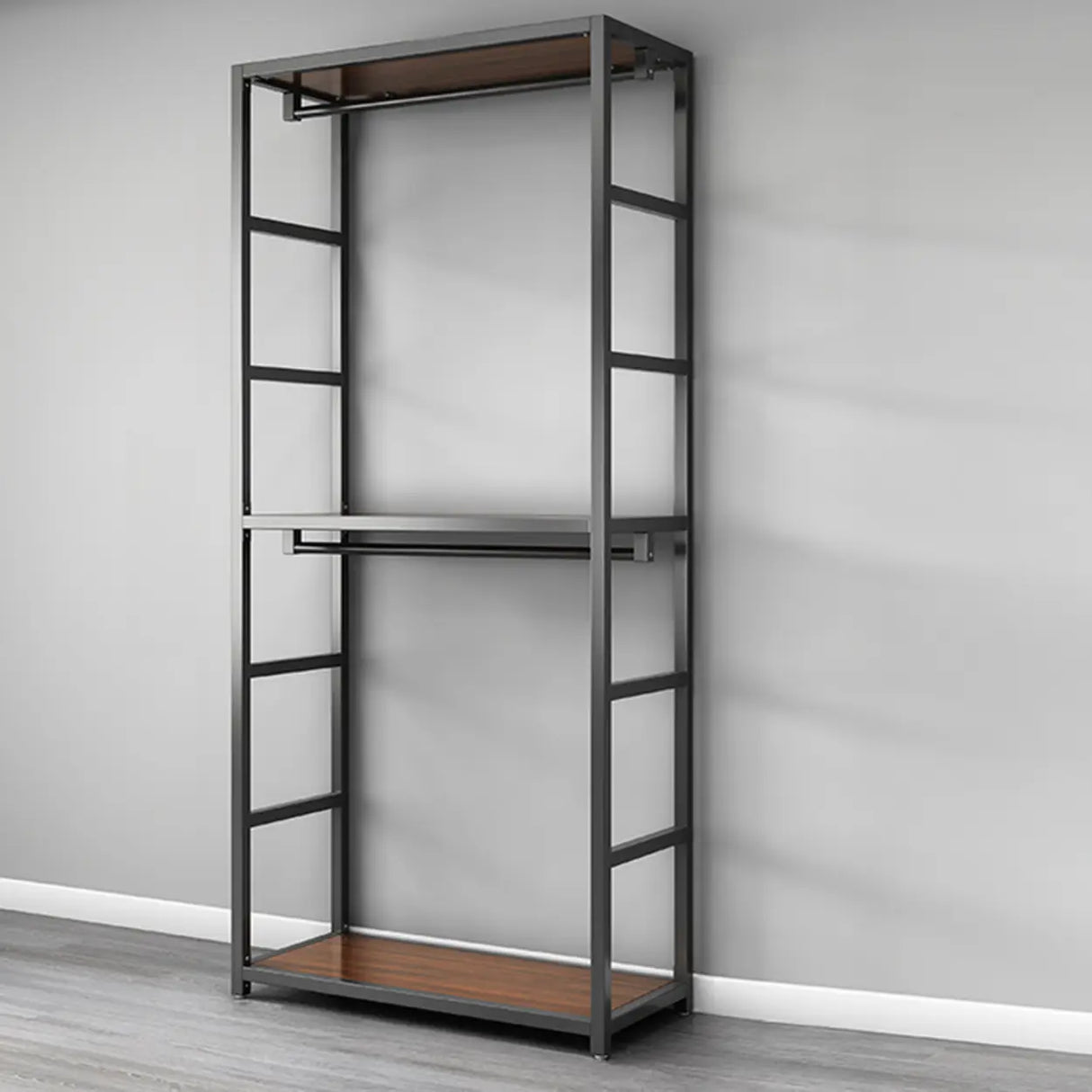 Open Wardrobe Black Metal Frame Coat Rack with Shelves Image - 2