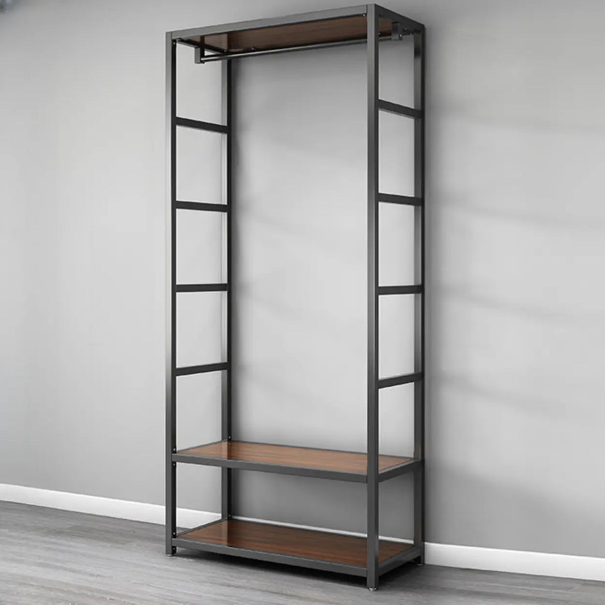 Open Wardrobe Black Metal Frame Coat Rack with Shelves Image - 3
