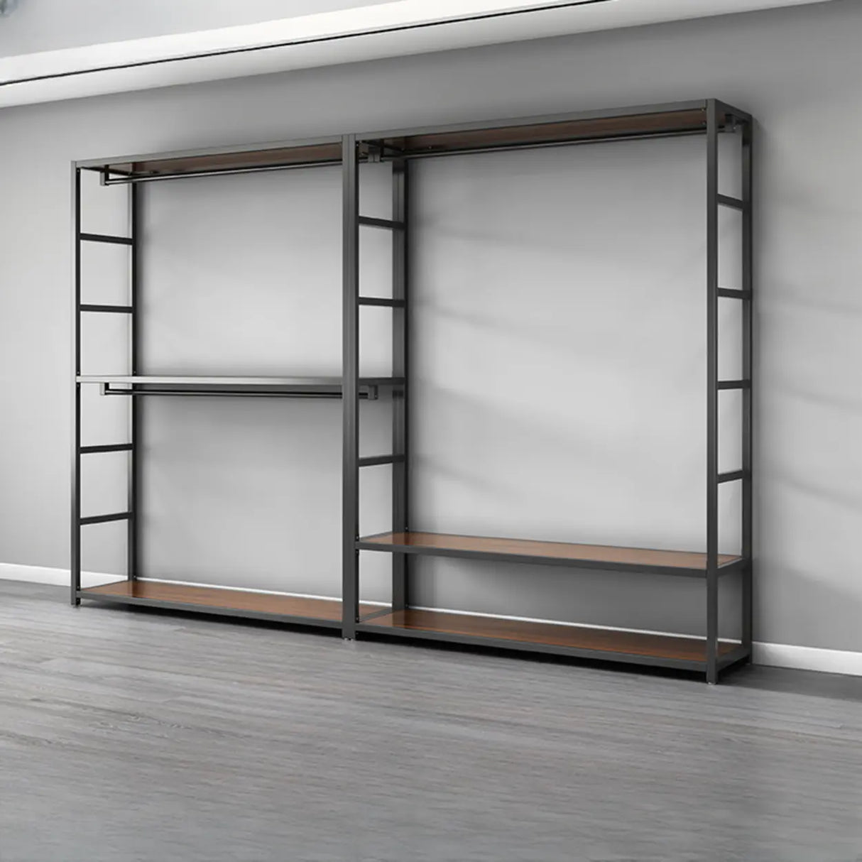 Open Wardrobe Black Metal Frame Coat Rack with Shelves Image - 4