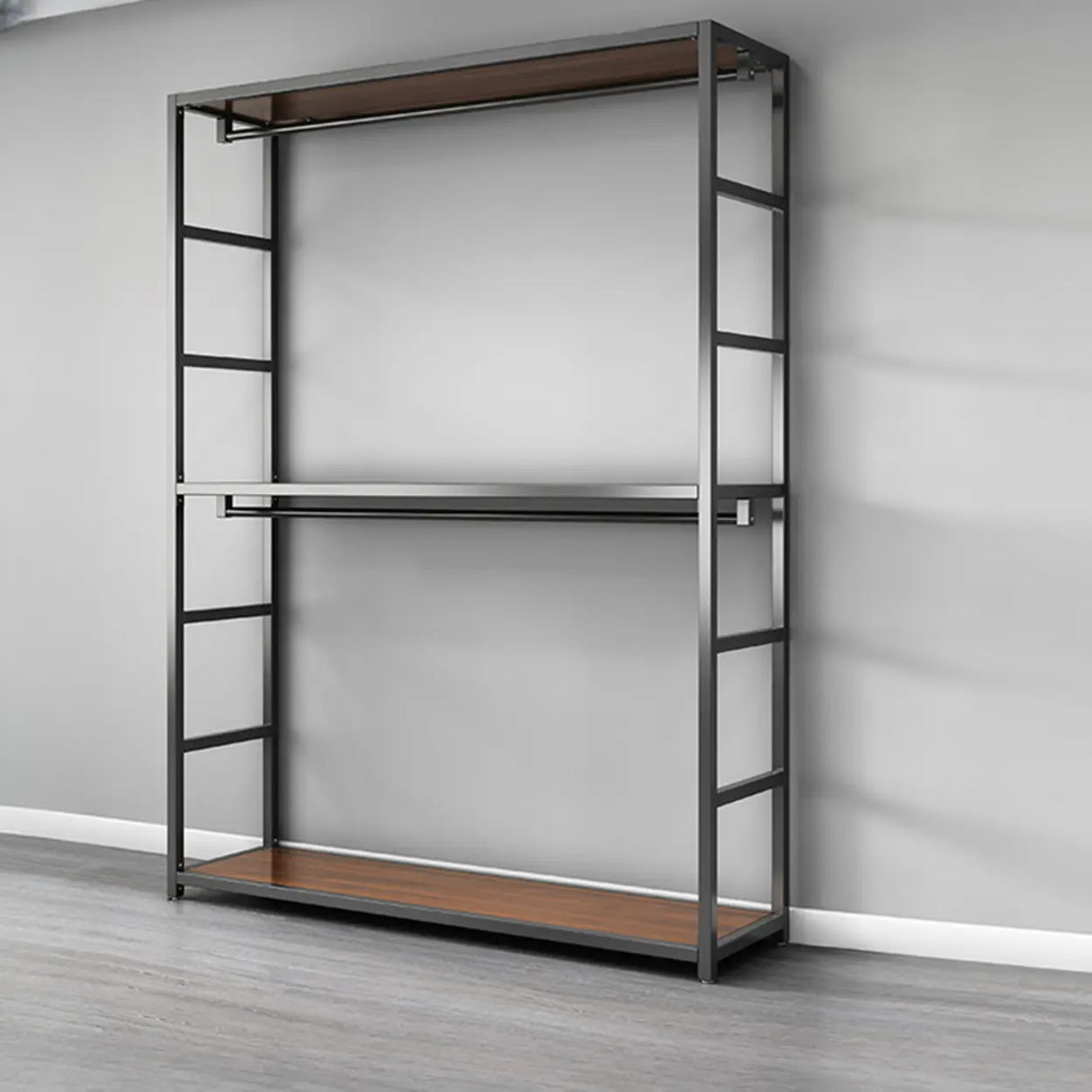 Open Wardrobe Black Metal Frame Coat Rack with Shelves Image - 5