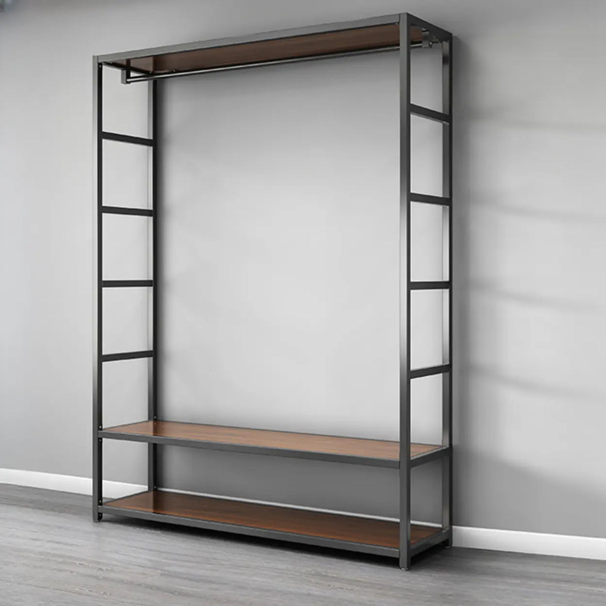Open Wardrobe Black Metal Frame Coat Rack with Shelves Image - 7