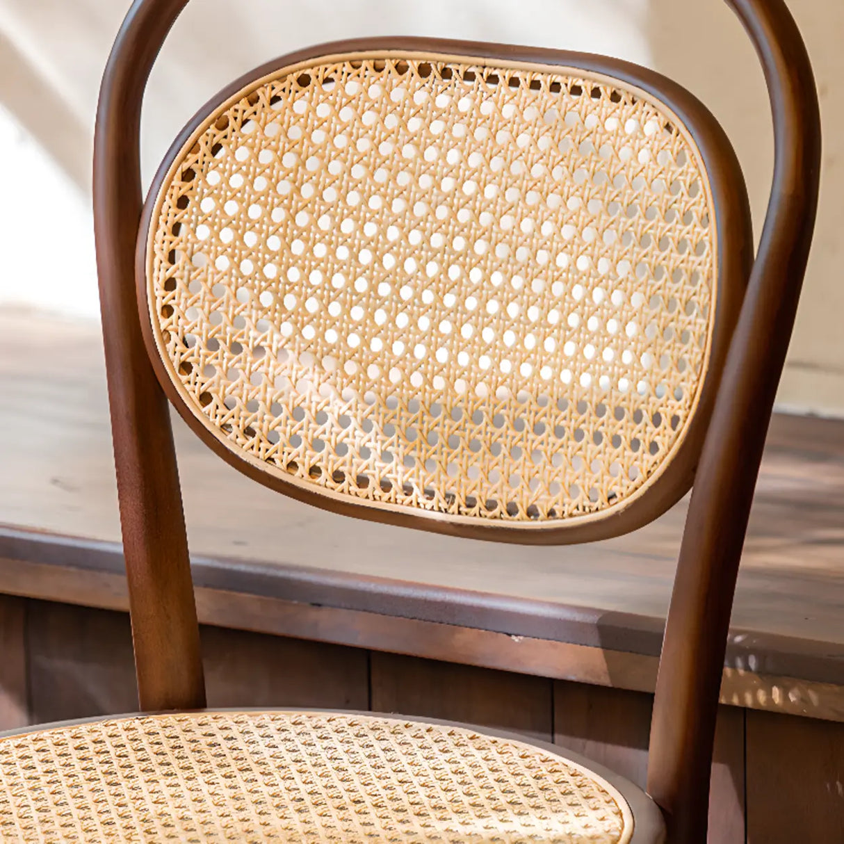 Open Wove Back Round Wood Dining Chair Dark Walnut Image - 10