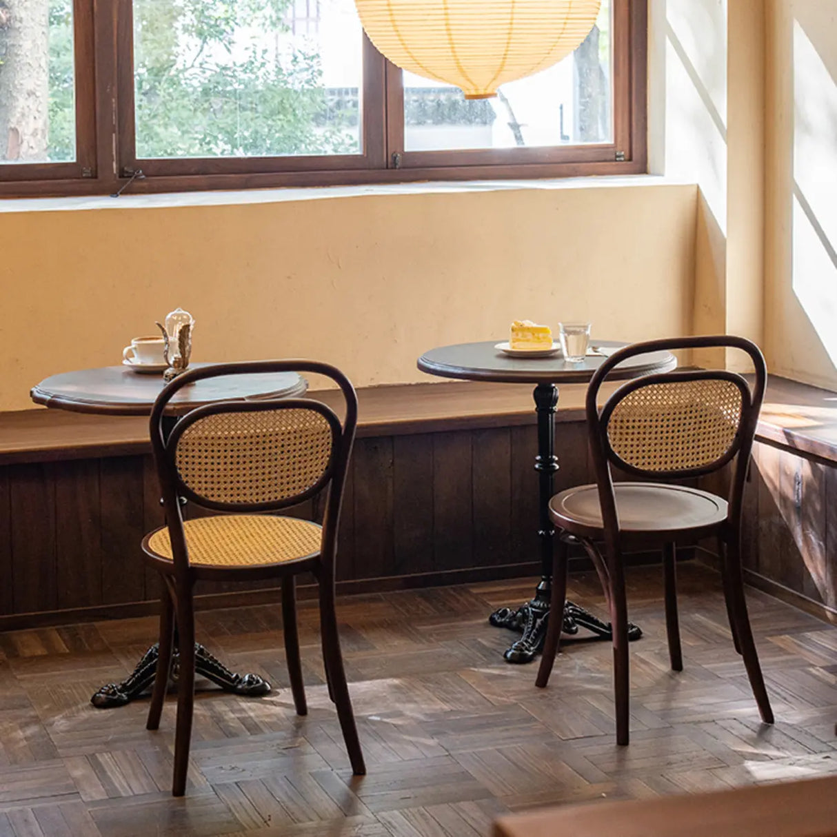 Open Wove Back Round Wood Dining Chair Dark Walnut Image - 1