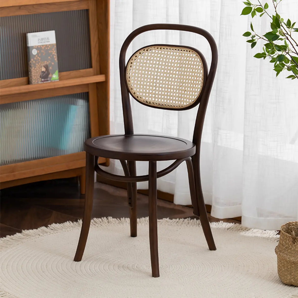 Open Wove Back Round Wood Dining Chair Dark Walnut Image - 2