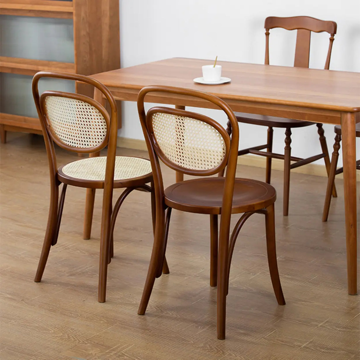 Open Wove Back Round Wood Dining Chair Dark Walnut Image - 4