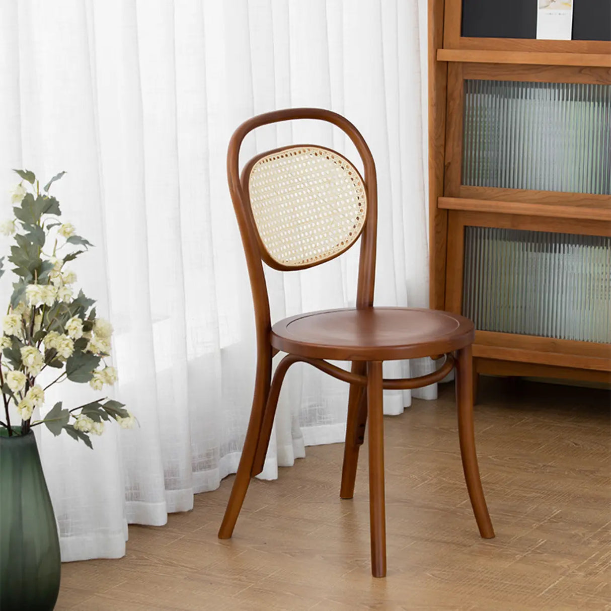Open Wove Back Round Wood Dining Chair Dark Walnut Image - 5