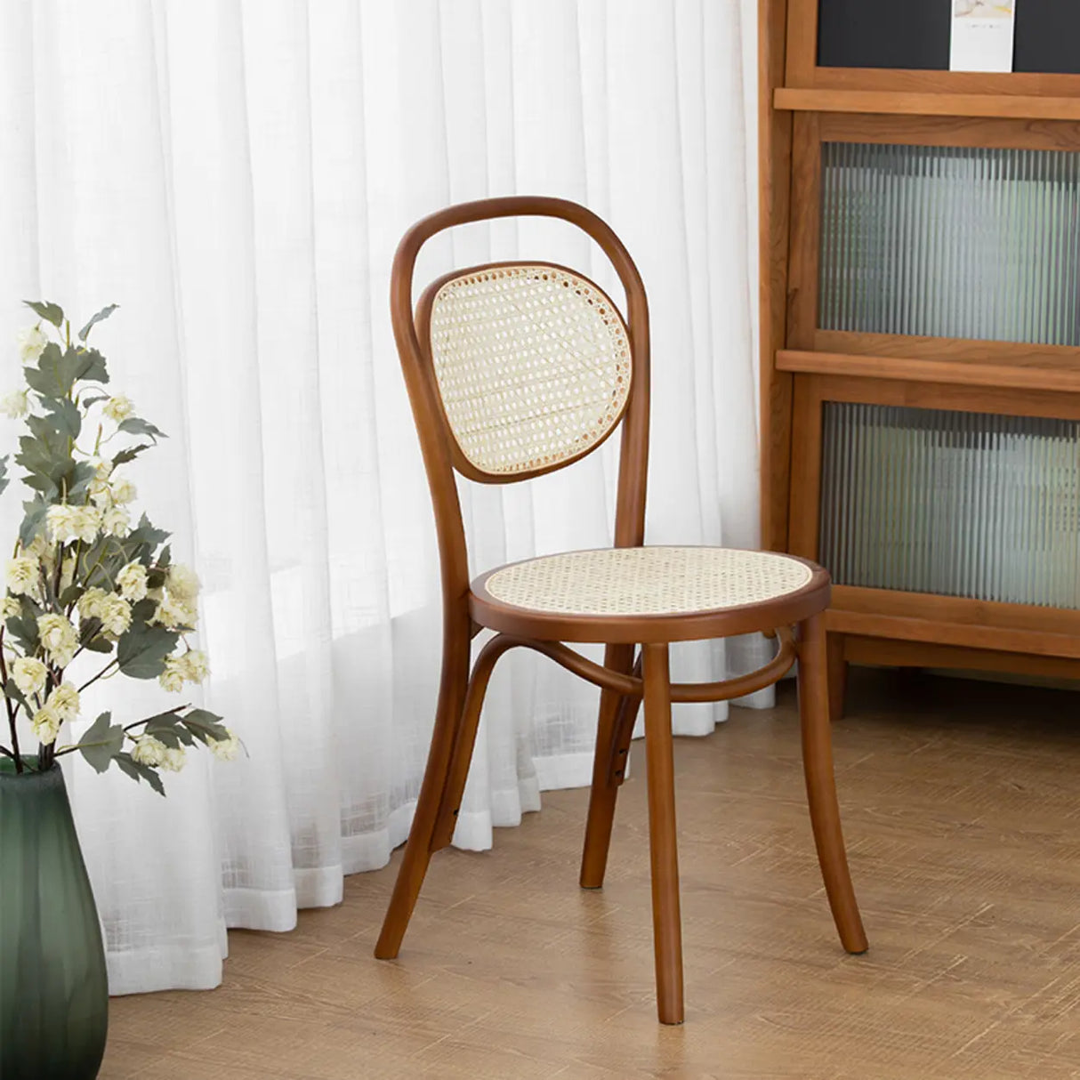 Open Wove Back Round Wood Dining Chair Dark Walnut Image - 7