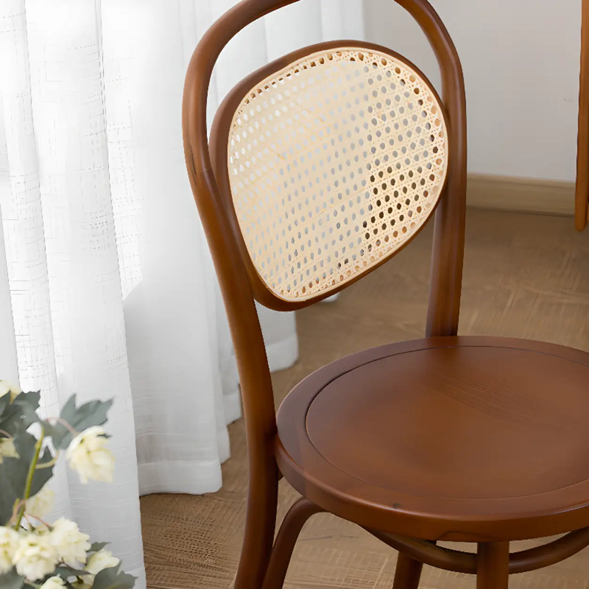 Open Wove Back Round Wood Dining Chair Dark Walnut Image - 8