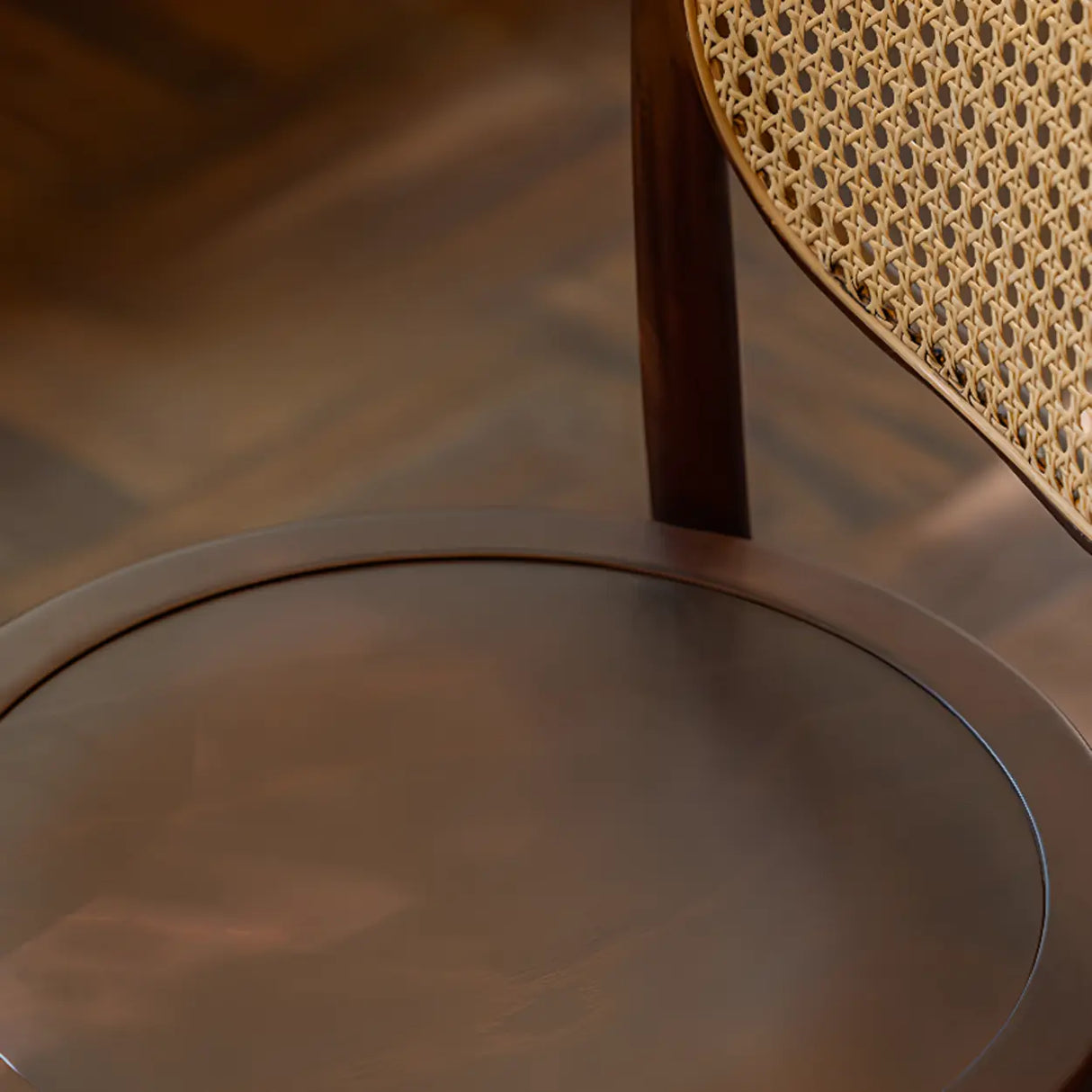 Open Wove Back Round Wood Dining Chair Dark Walnut Image - 9