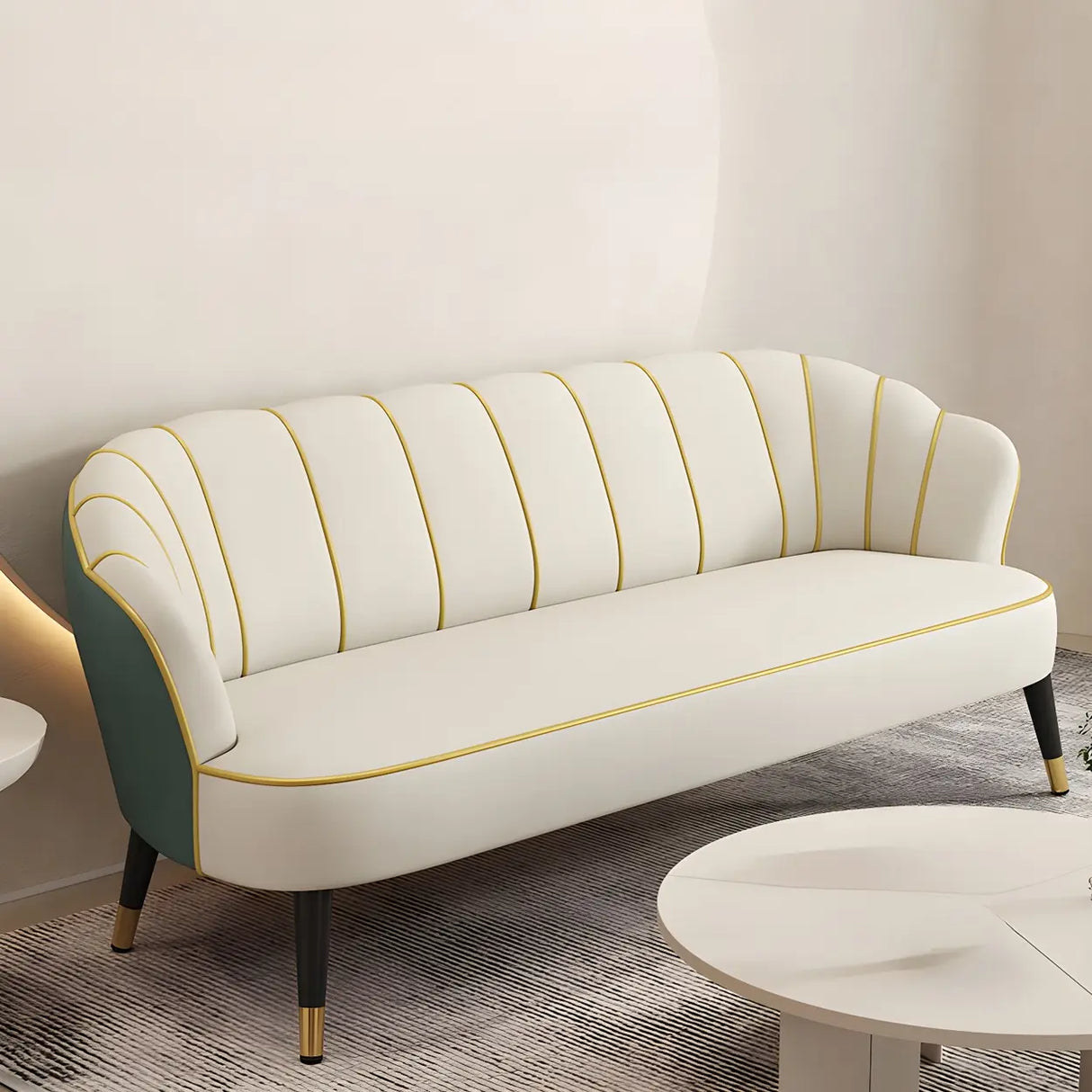 Orange-Beige Leather Sewn Pillow Back Sloped Arms Sofa Image - 10