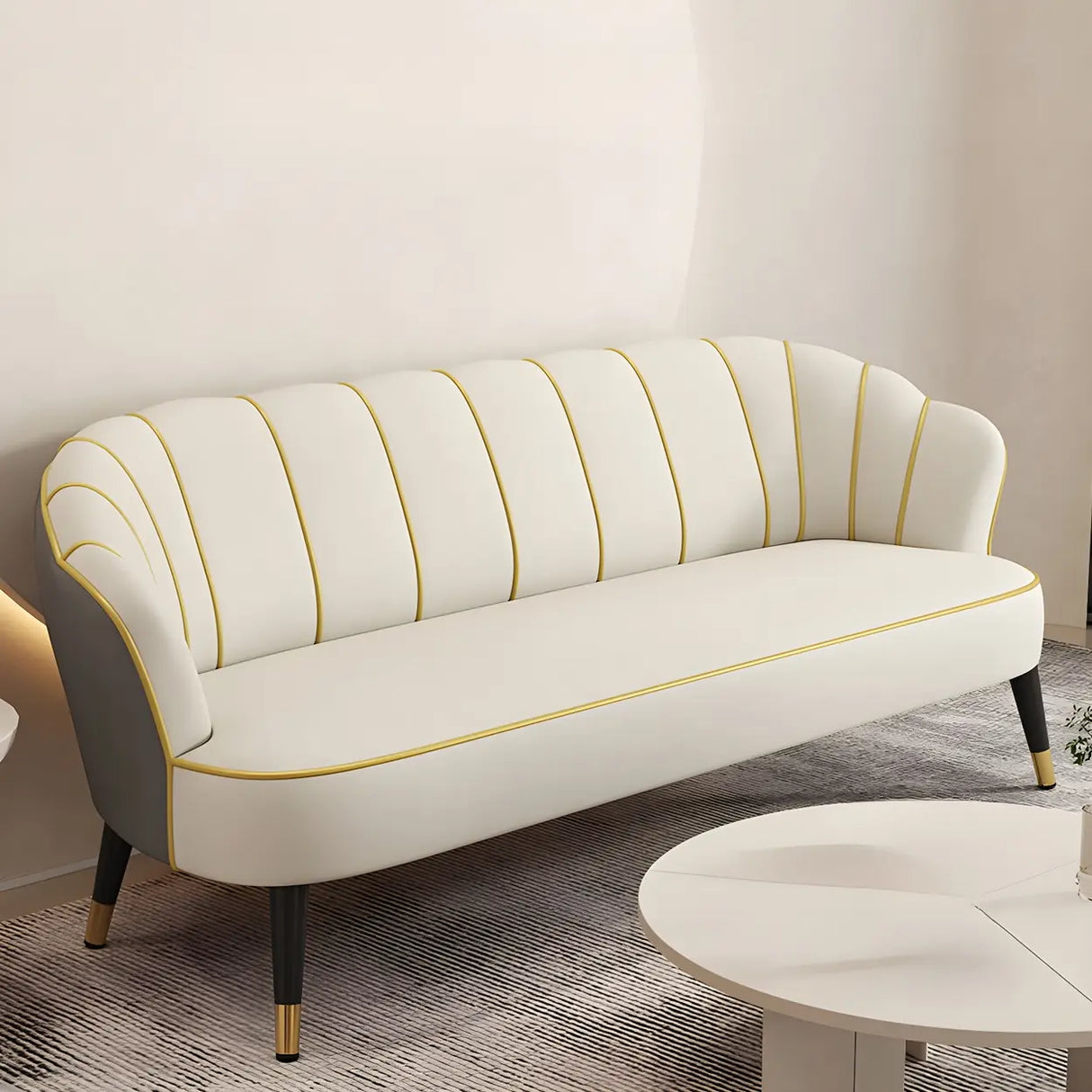 Orange-Beige Leather Sewn Pillow Back Sloped Arms Sofa Image - 12