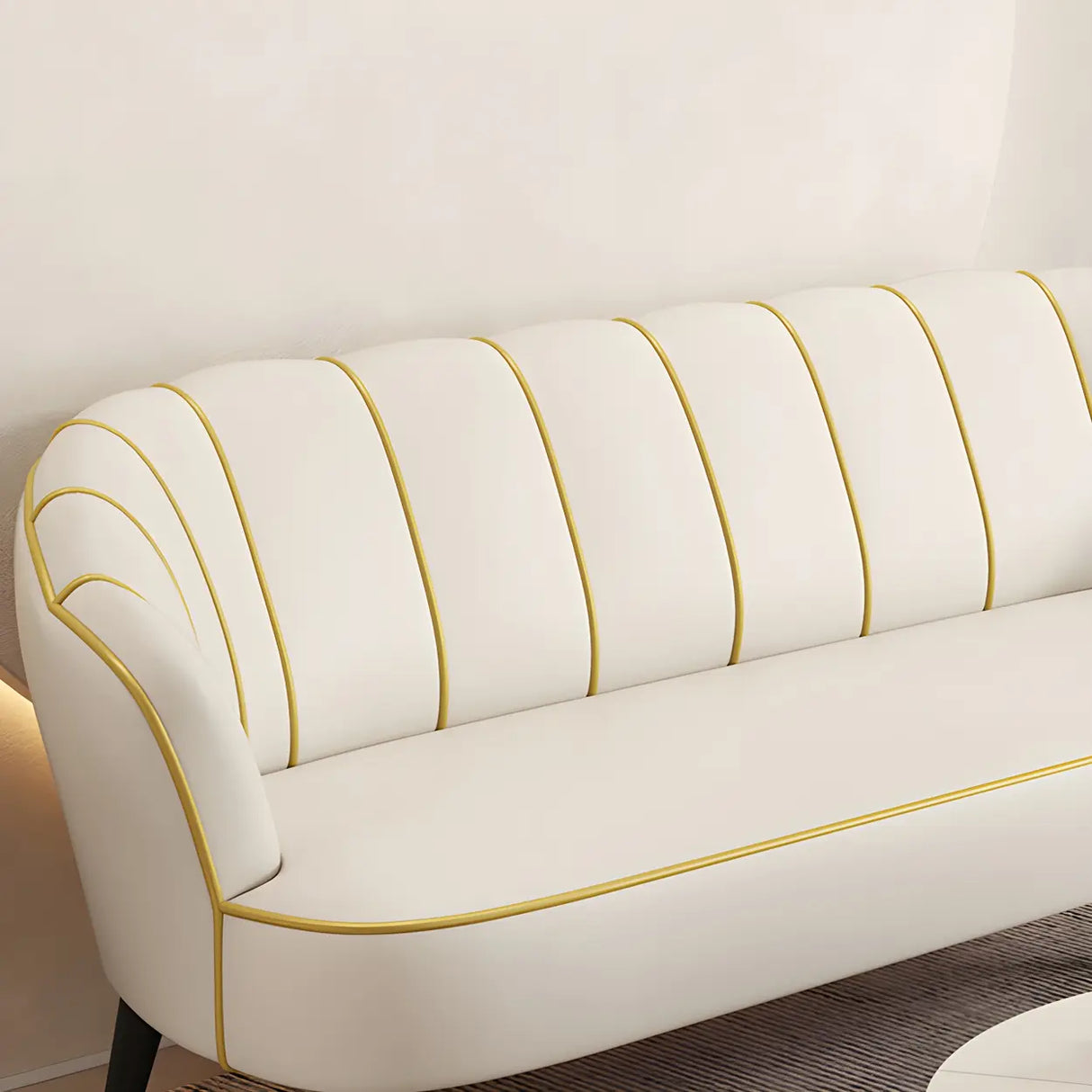 Orange-Beige Leather Sewn Pillow Back Sloped Arms Sofa Image - 13