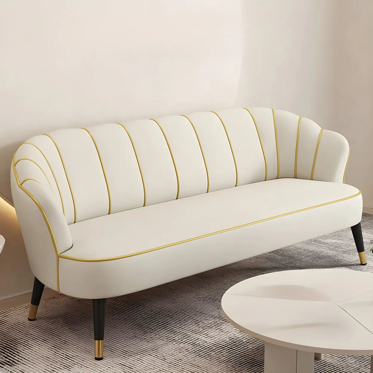 Orange-Beige Leather Sewn Pillow Back Sloped Arms Sofa Image - 14