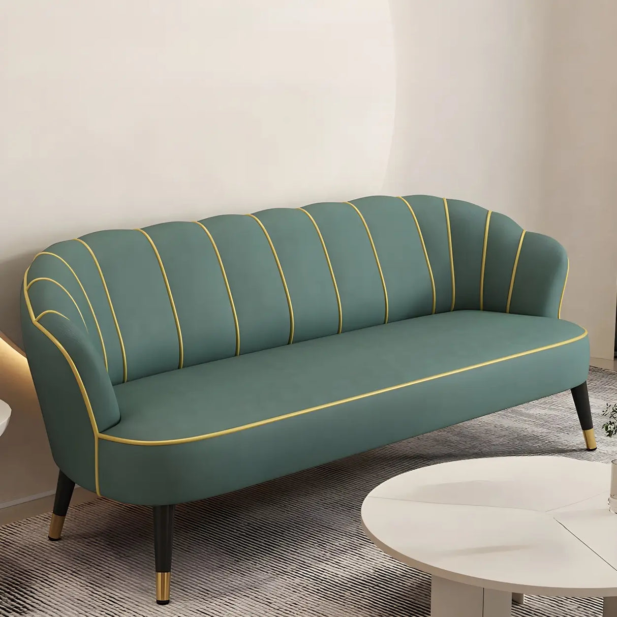 Orange-Beige Leather Sewn Pillow Back Sloped Arms Sofa Image - 18