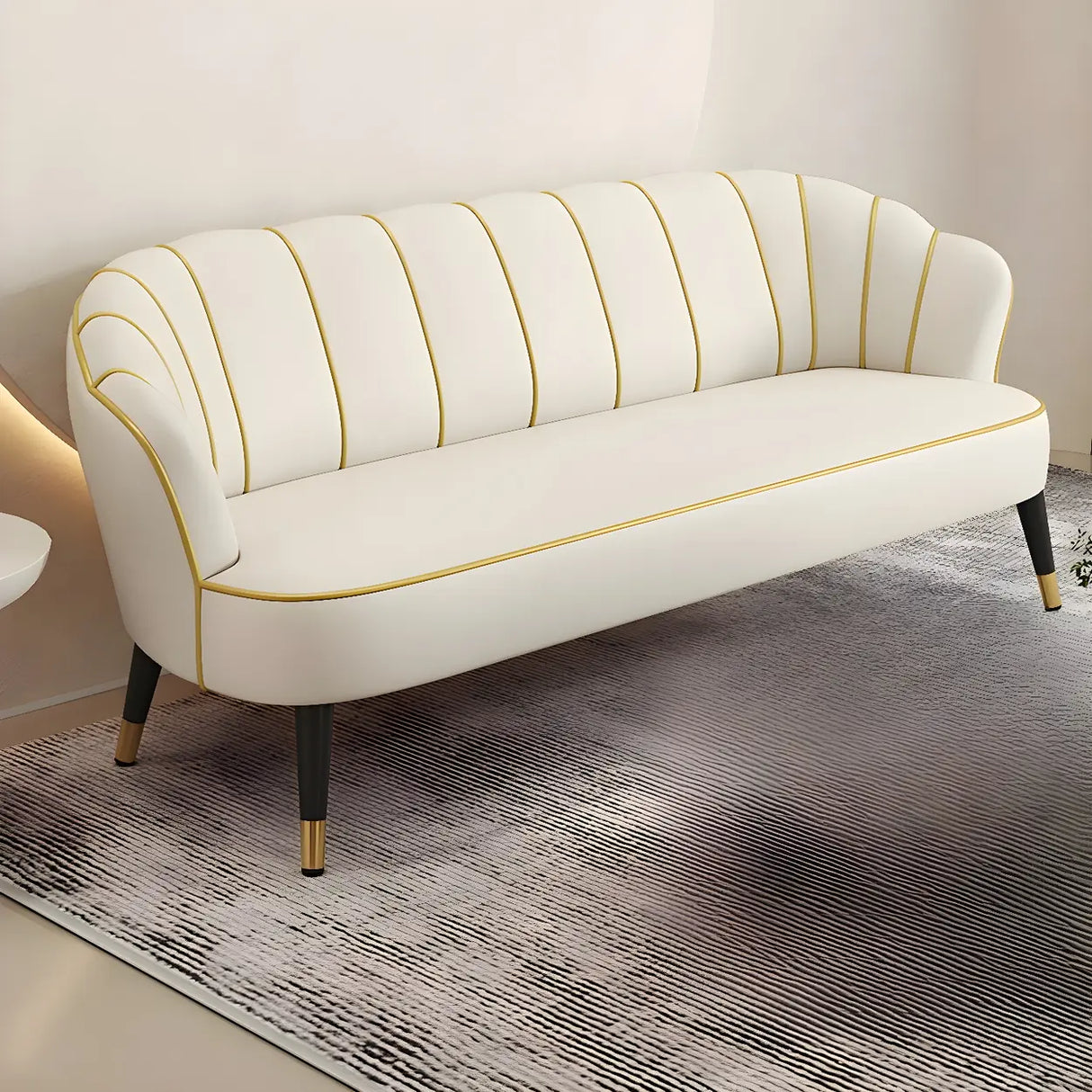 Orange-Beige Leather Sewn Pillow Back Sloped Arms Sofa Image - 19