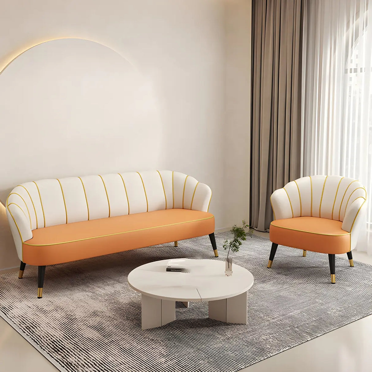 Orange-Beige Leather Sewn Pillow Back Sloped Arms Sofa Image - 1