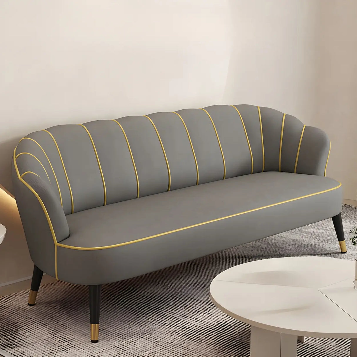 Orange-Beige Leather Sewn Pillow Back Sloped Arms Sofa Image - 20