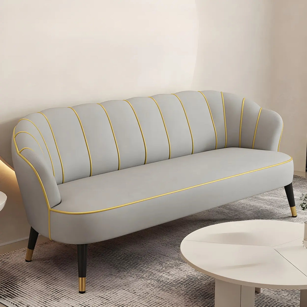 Orange-Beige Leather Sewn Pillow Back Sloped Arms Sofa Image - 21