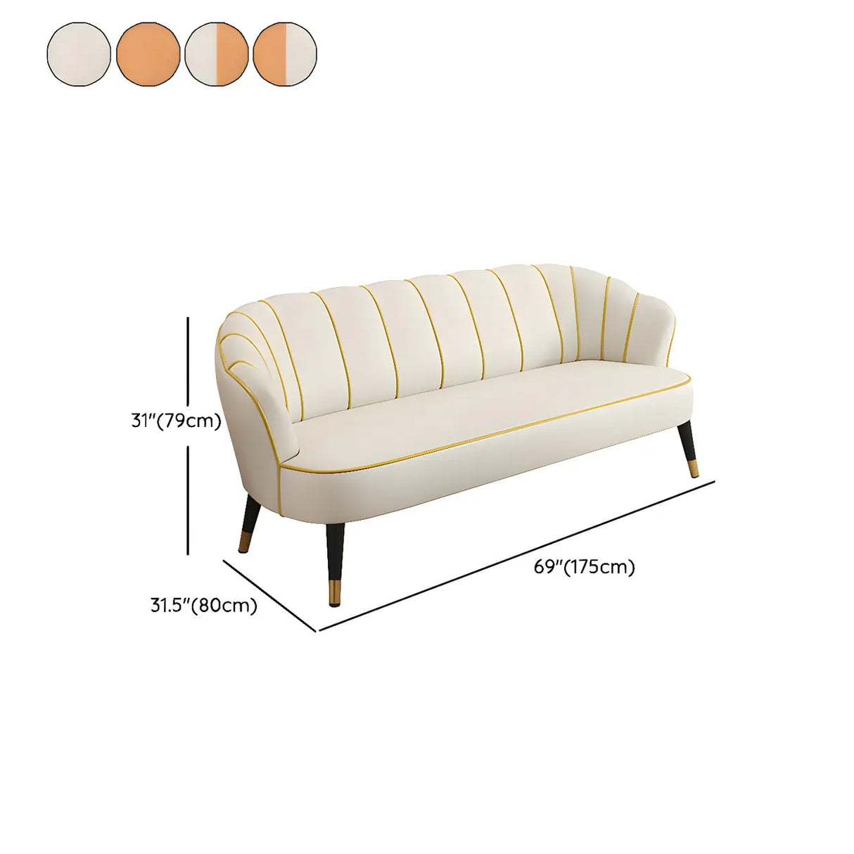 Orange-Beige Leather Sewn Pillow Back Sloped Arms Sofa
