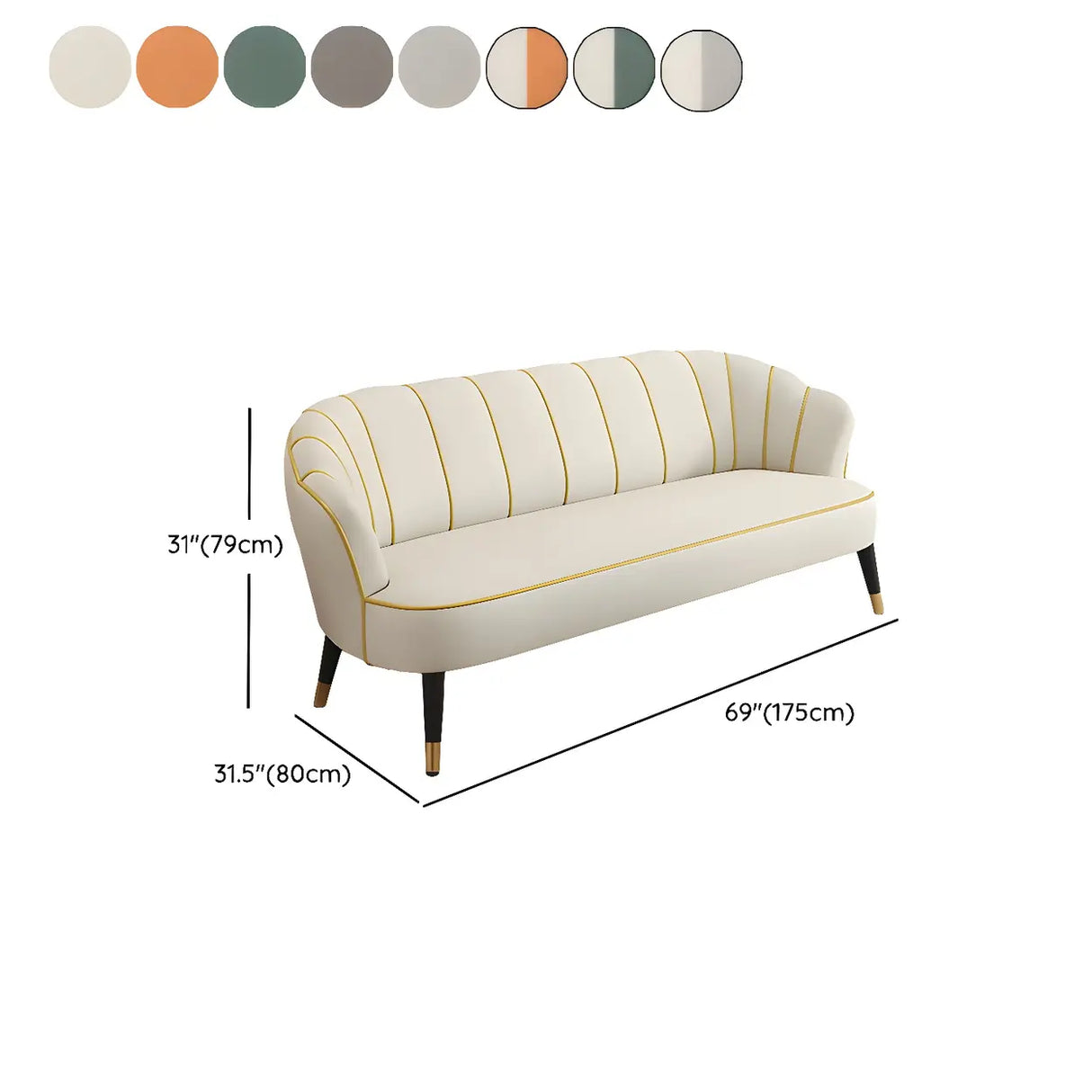 Orange-Beige Leather Sewn Pillow Back Sloped Arms Sofa Image - 23