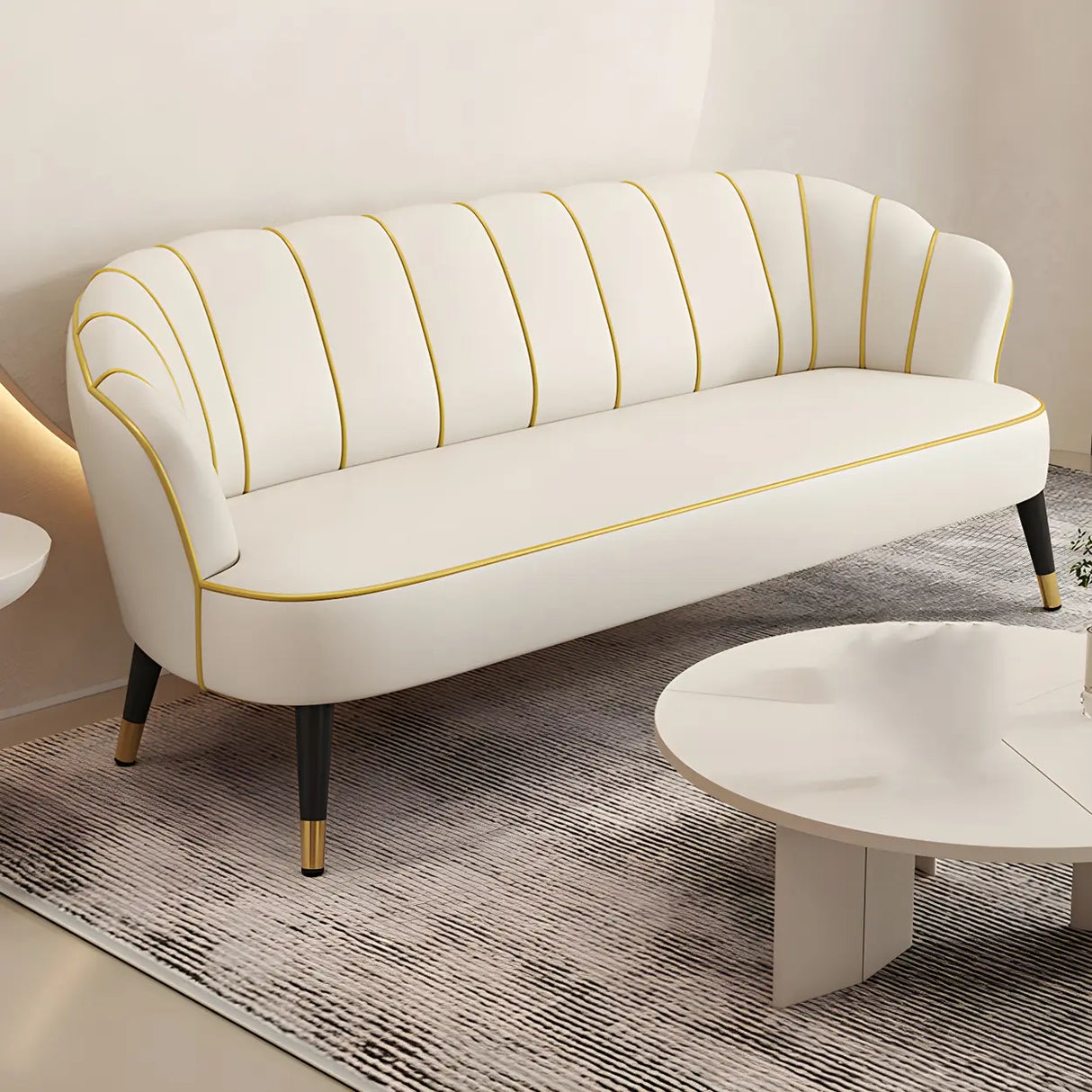 Orange-Beige Leather Sewn Pillow Back Sloped Arms Sofa Image - 2