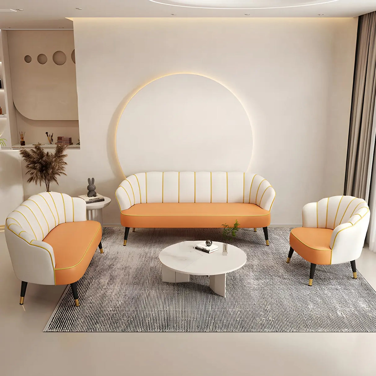 Orange-Beige Leather Sewn Pillow Back Sloped Arms Sofa Image - 3