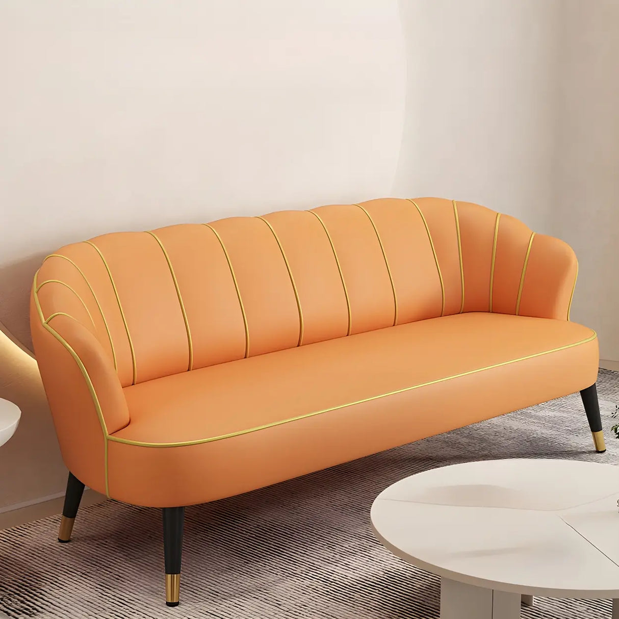 Orange-Beige Leather Sewn Pillow Back Sloped Arms Sofa Image - 4