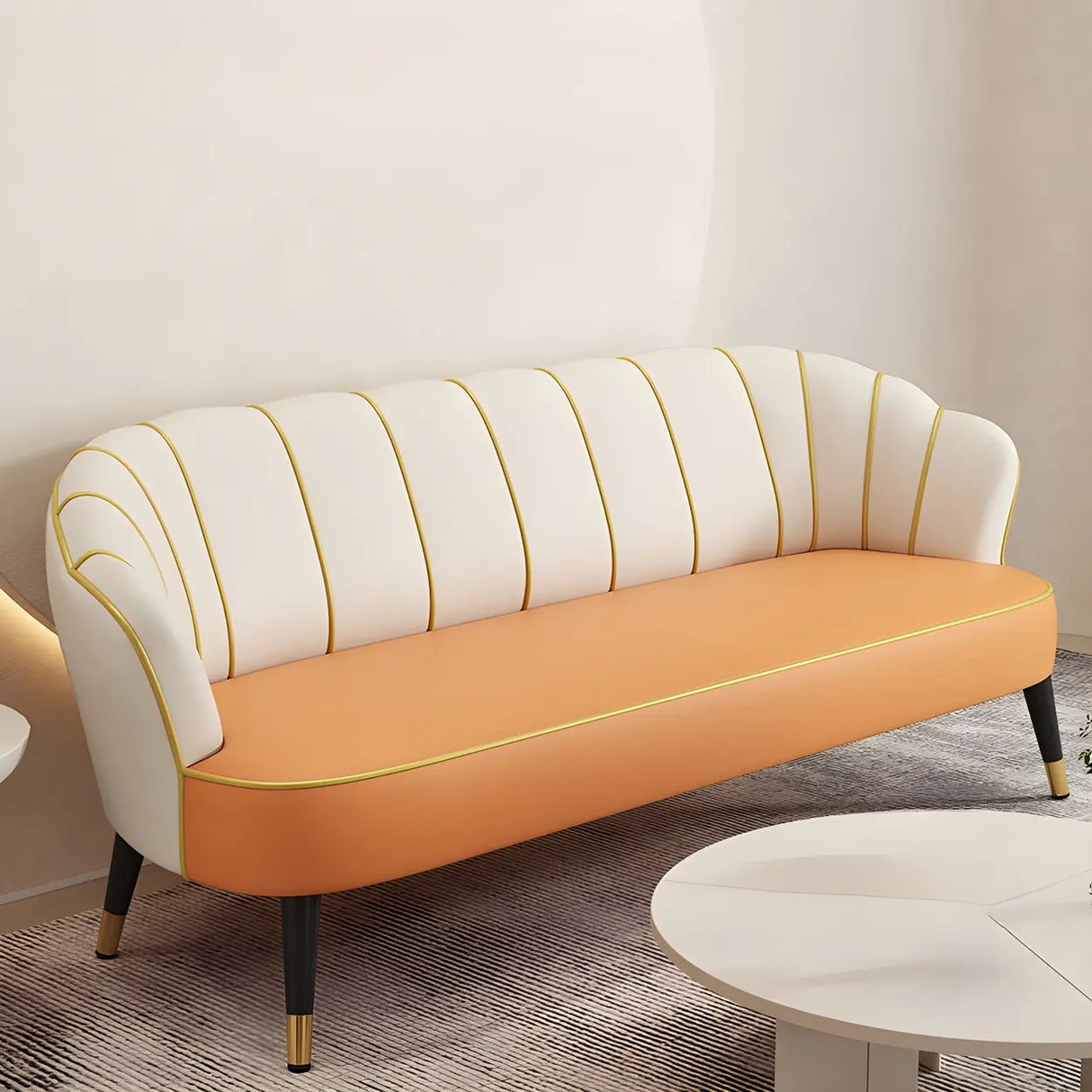 Orange-Beige Leather Sewn Pillow Back Sloped Arms Sofa Image - 5